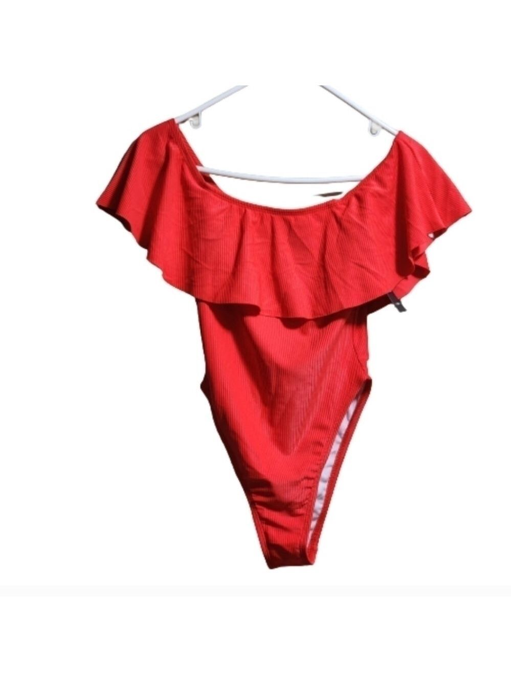 Fashion nova one piece swimming suit with ruffle color red size small
